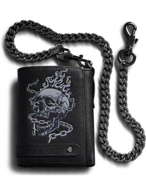 Skull Trifold Wallet with Chain for Men | Soft Leather, RFID Blocking, Cool Gift
